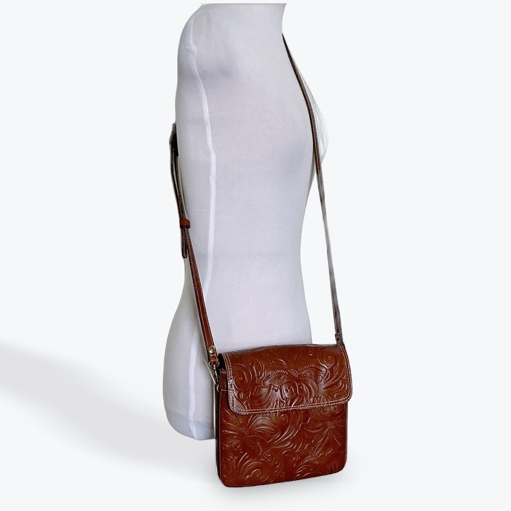 Patricia Nash Balluri Tooled Leather Crossbody Bag Cognac Floral Embossed Brown - Picture 3 of 15